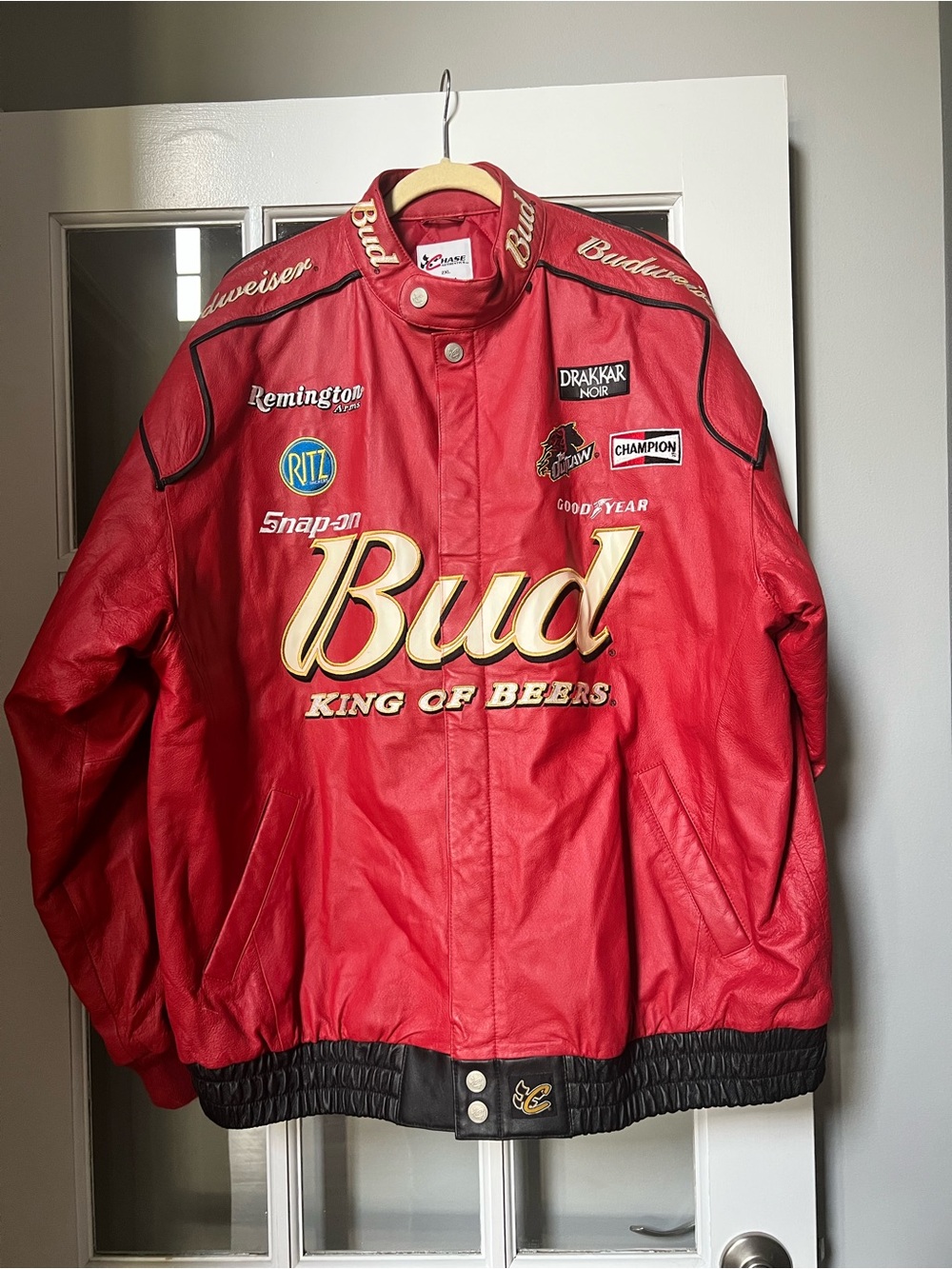 Budweiser Red Racing-Style Leather Bomber Jacket with Gold Logo